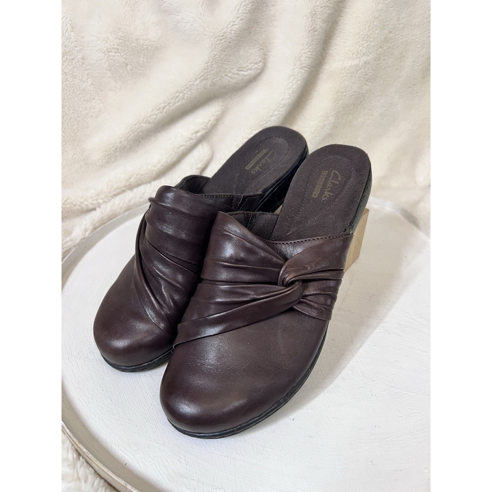 CLARKS Leisa Deina Brown Leather Low Clog Mules Slip on Shoes Comfort Size 9M